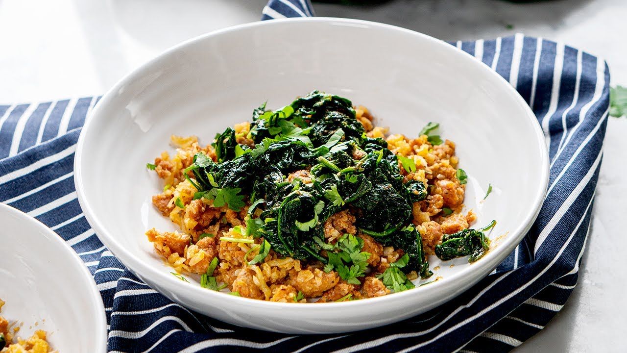 Chorizo, Spinach, & Cauliflower Rice Bowl [Great for Keto Meal Prep]