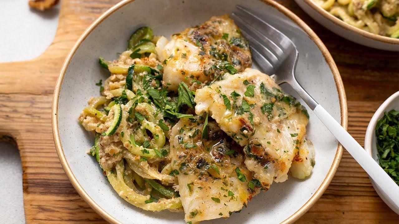 Keto Parsley Cod with Walnut Zoodles [Easy Low-Carb Lunch Recipe]
